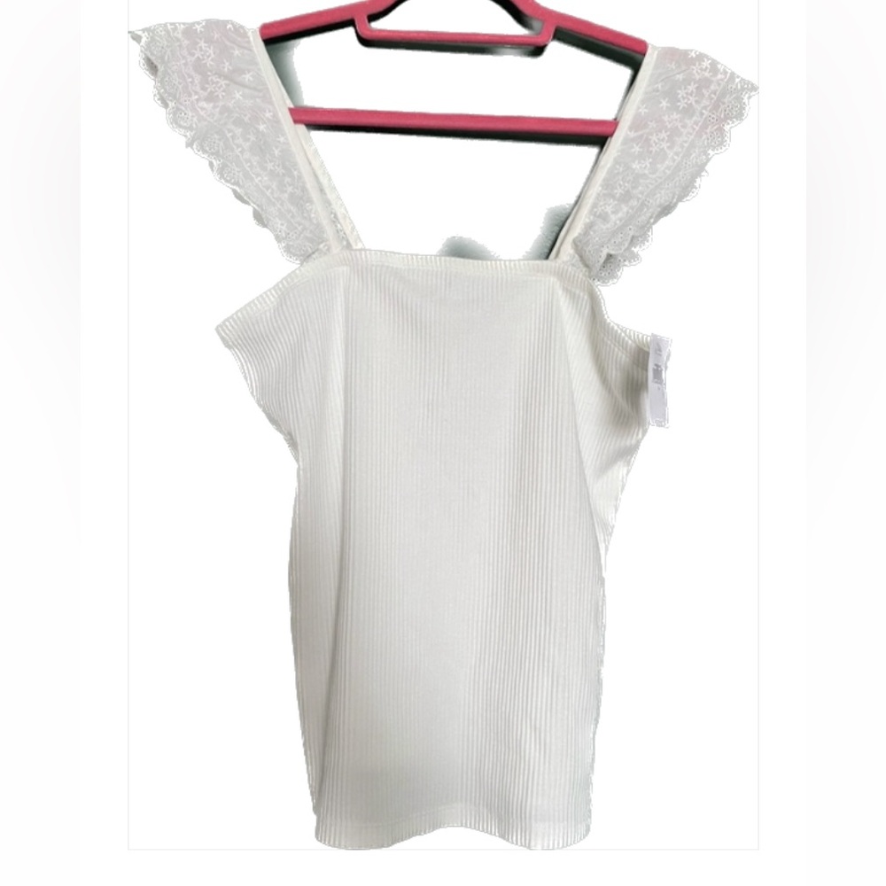 NWT- GAP- Lace Ruffle Strap Cotton Blend Women's Sleeveless Rib Top new white L